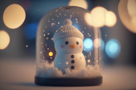 Snowman in a glass dome on a blurred background with bokehの素材