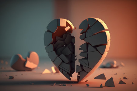 Broken heart on a red background. 3d render illustration.の素材