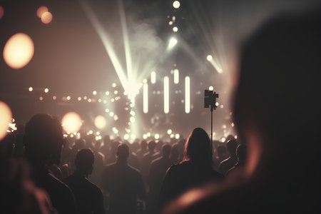 Silhouette of a concert crowd in front of a bright stage lightsの素材
