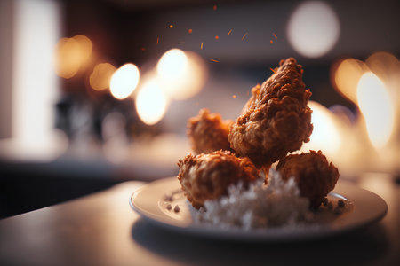 Crispy fried chicken nuggets on a plate in a restaurantの素材
