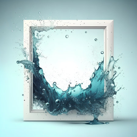Water splash in white frame on blue background. 3d rendering.の素材