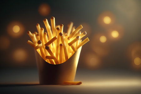 Golden French fries in a paper box on a dark background. 3d renderingの素材