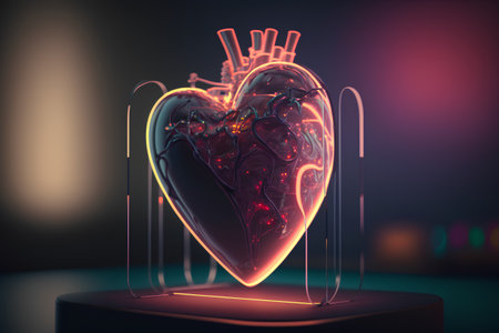 Human heart in neon light on dark background. 3D Renderingの素材