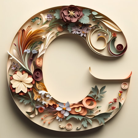 Paper cut letter C with floral ornament. 3d render illustration.の素材