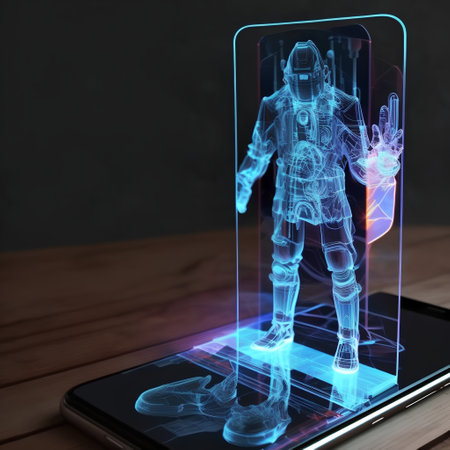 3d rendering of robot with hologram on smartphone screen over wooden tableの素材