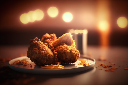 Close up of fried croquettes on plate with burning candles in backgroundの素材