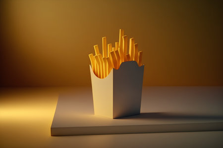 French fries in paper box on orange background. 3d illustration.の素材