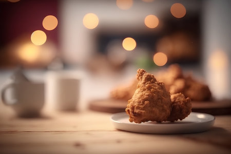 Fried chicken nuggets on a wooden table. Selective focus.の素材