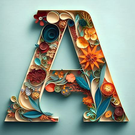 Letter A of the alphabet made of paper flowers. 3D renderingの素材