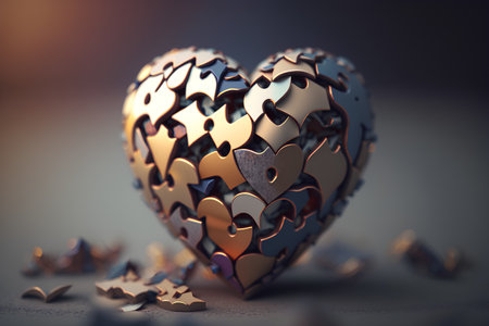 3d illustration of metal heart with golden and silver elements on dark backgroundの素材
