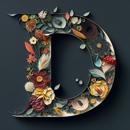 Floral capital letter D. 3D render in vintage style.の素材
