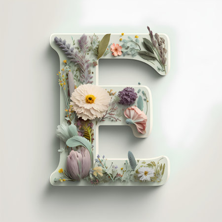 Letter E. Floral font. 3D rendering. Vintage typography.の素材