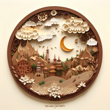 Paper art style travel background with castle, moon, clouds and flowersの素材