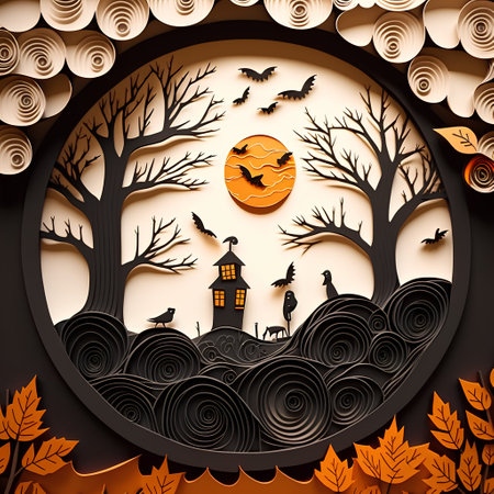 Halloween background with pumpkins, bats, castle and trees. Vector illustration.の素材