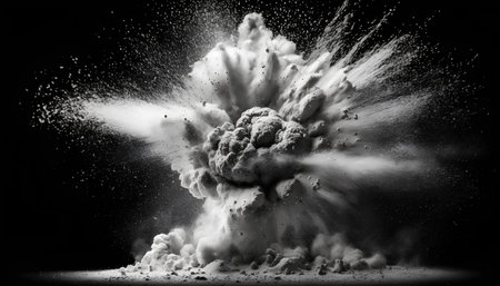 3D illustration of a big explosion with smoke and ash on black backgroundの素材