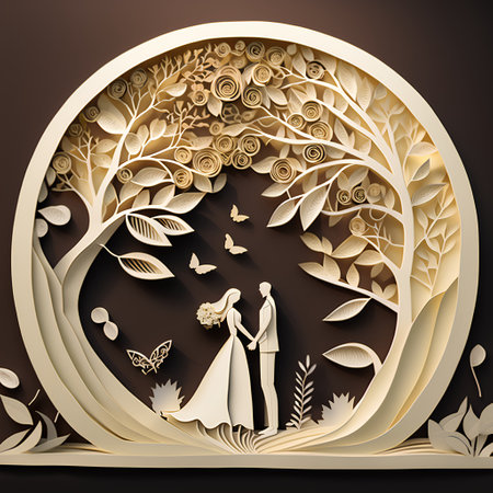 Wedding invitation card. Paper cut style. Vector illustration.の素材