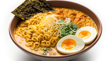 Ramen soup with egg and seaweed isolated on white background.の素材