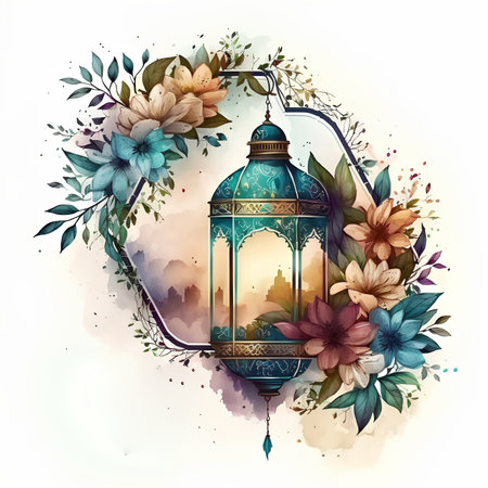 Watercolor illustration of Ramadan Kareem greeting card with arabic lantern and flowersの素材