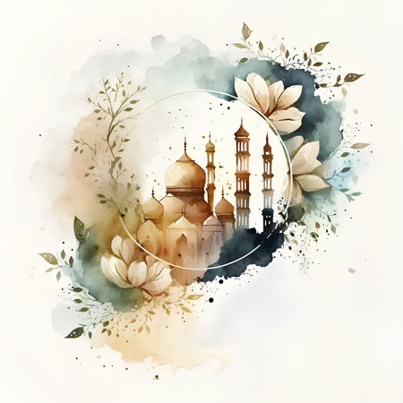 Ramadan Kareem greeting card with mosque and flowers watercolor illustrationの素材