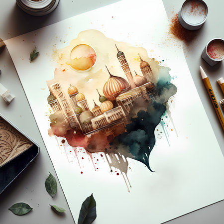 Hand drawn illustration of Taj Mahal on watercolor paint splashesの素材