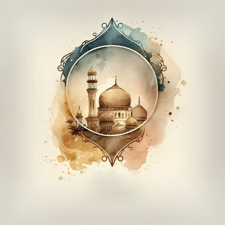 Ramadan Kareem Greeting Card. Watercolor vector illustration.の素材