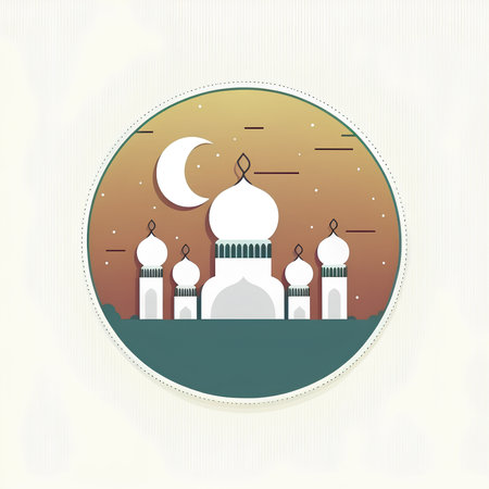 Eid Mubarak greeting card with mosque and moon. Vector illustration.の素材