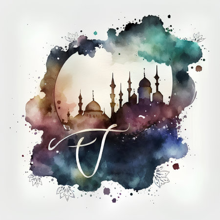 Watercolor background with mosque. Vector illustration. Ramadan Kareem.の素材