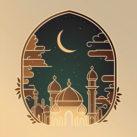 Ramadan Kareem greeting card with mosque and moon. Vector illustration.の素材