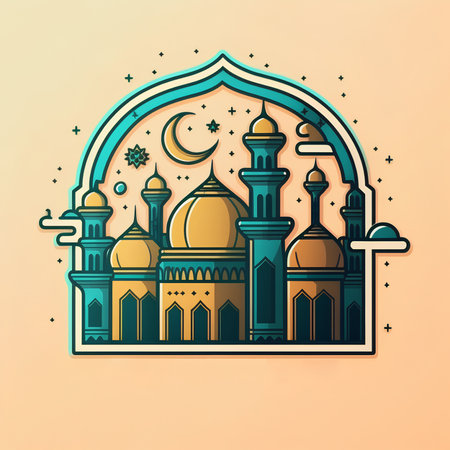 Ramadan Kareem greeting card with mosque and crescent moon. Vector illustration.の素材
