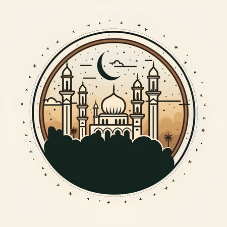 Ramadan Kareem greeting card with mosque and moon. Vector illustration.の素材