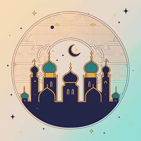 Ramadan Kareem greeting card with mosque and moon. Vector illustrationの素材