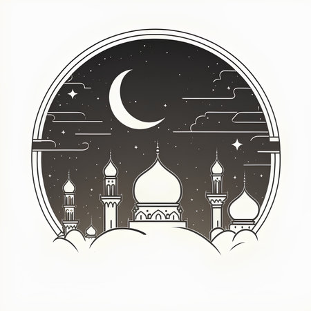Mosque and crescent moon in the night sky. Vector illustration.の素材