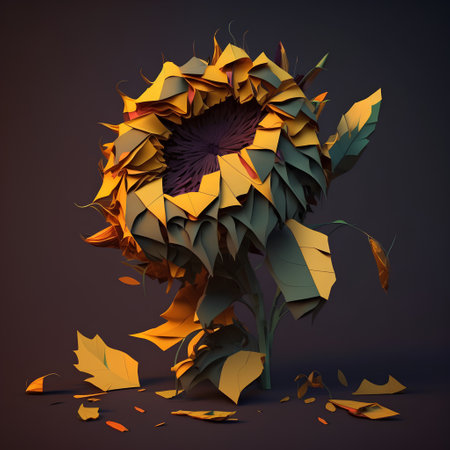 Sunflower with autumn leaves on a dark background. 3d renderの素材
