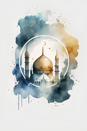 Watercolor illustration of mosque on a watercolor background. Ramadan Kareem greeting card.の素材