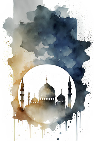 Watercolor silhouette of mosque. Ramadan Kareem greeting card. Vector illustration.の素材