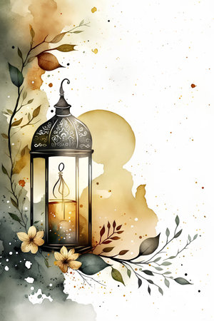 Watercolor illustration of Ramadan Kareem greeting card with lantern and flowersの素材