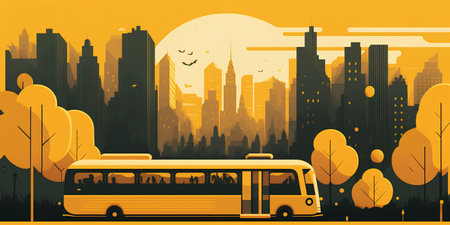 Yellow bus on the background of the city. Vector illustration in flat styleの素材
