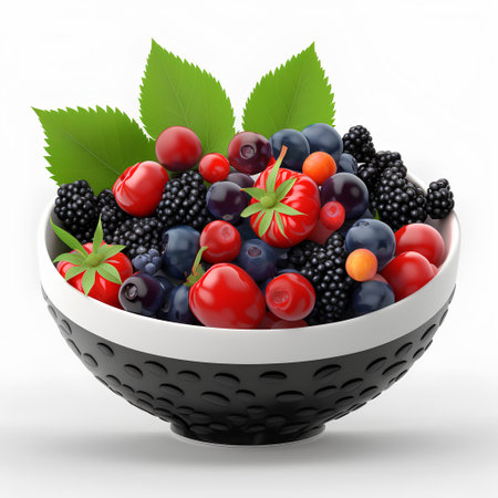 Mix of berries in a bowl isolated on white background. 3d illustrationの素材