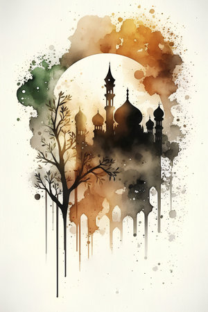 Silhouette of mosque on watercolor background. Ramadan Kareem.の素材