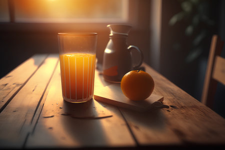 Glass of fresh orange juice on wooden table in morning light. Toned imageの素材