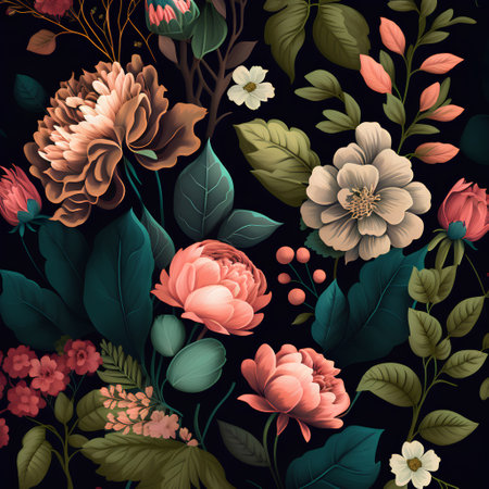 Seamless pattern with flowers and leaves on dark background. Vector illustration.の素材