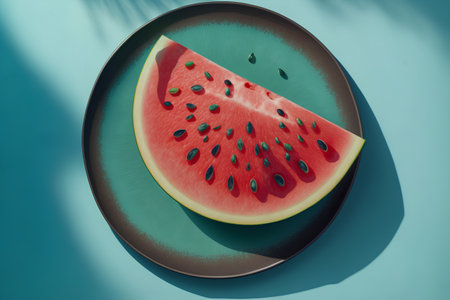 Top view of watermelon slice on plate on blue background. Minimal summer conceptの素材