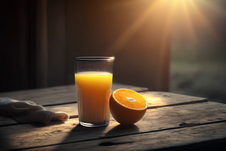 Glass of fresh orange juice on wooden table. Sunlight in the background.の素材