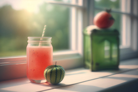 Watermelon smoothie in a glass jar with a straw and watermelon on the windowsillの素材