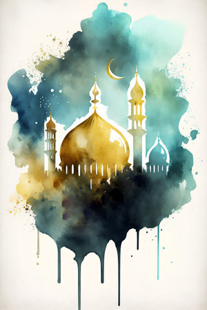 Watercolor illustration of mosque on watercolor background. Ramadan Kareemの素材
