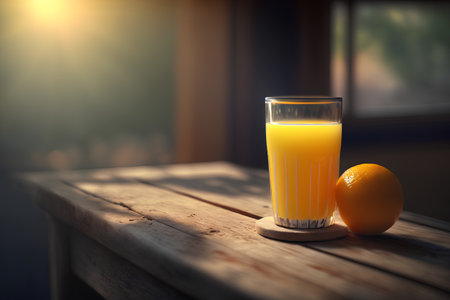 Glass of orange juice on a wooden table in the sunlight. Copy space.の素材