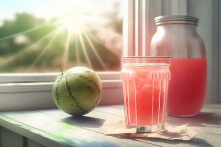 Glass of watermelon smoothie and fresh fruit on windowsill.の素材