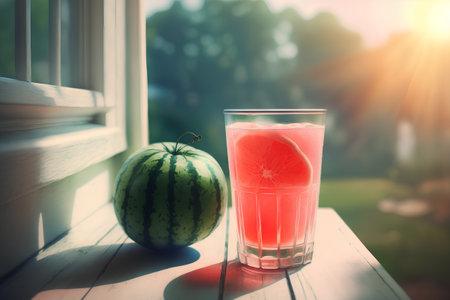 Glass of watermelon juice with watermelon on the windowsill.の素材