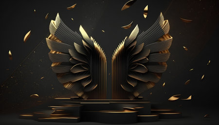 Abstract black background with golden elements, 3d render, 3d illustrationの素材