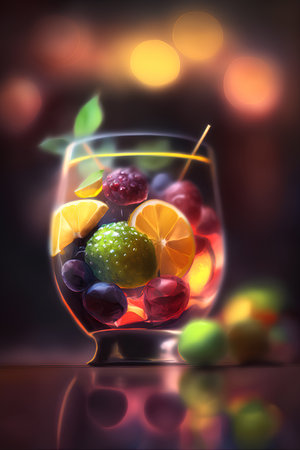 Cocktail in a glass with fruits on a dark background.の素材